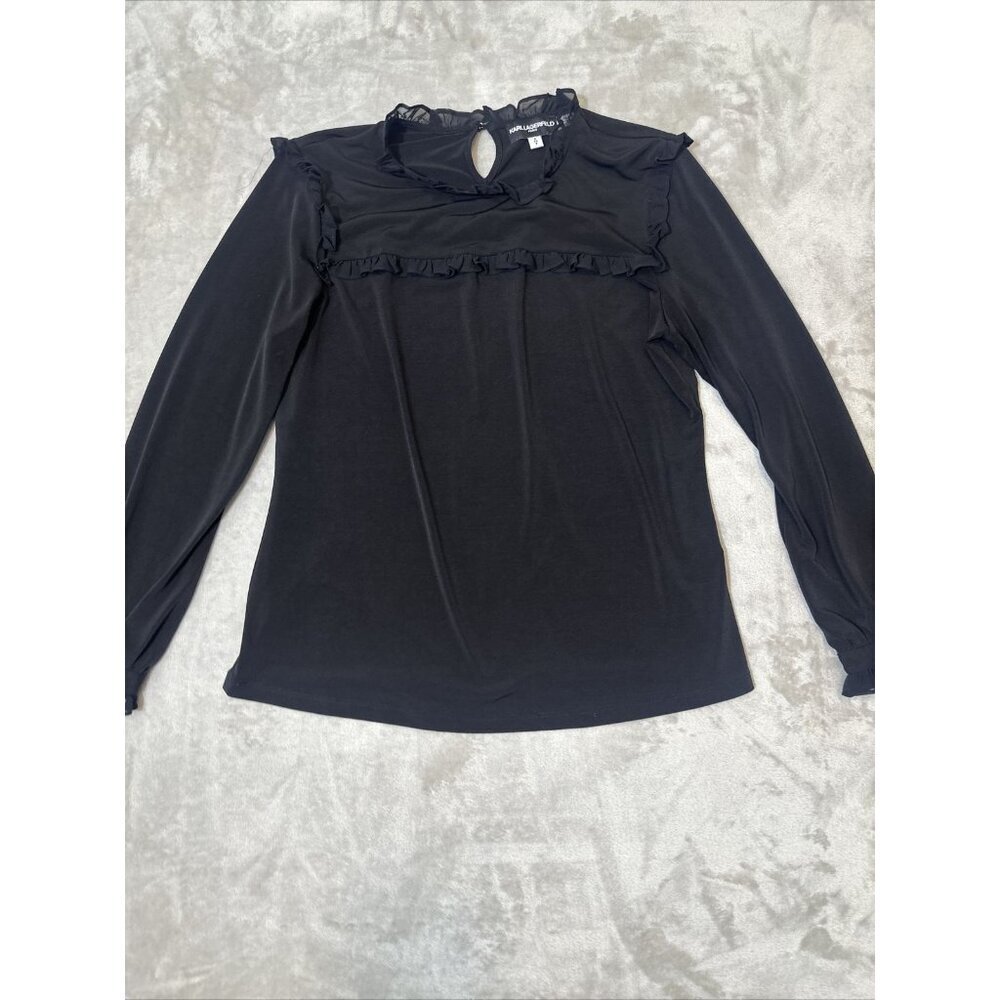 Women’s Karl Lagerfeld Blouse Ruffled Lined Black Size Small - Picture 3 of 12
